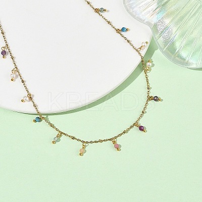 Faceted Round Natural Apatite & Amethyst & Rhodonite & Sunstone & Apatite & Ruby Tassel 304 Stainless Steel Cable Chain Necklaces with Natural Pearl NJEW-JN06470-1