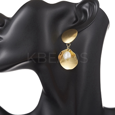 201 Stainless Steel Shell Pearl Flat Round Dangle Stud Earrings EJEW-JE06751-01-1