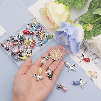 34Pcs 34 Style Glass & ABS Plastic Imitation Pearl Beaded Pendants FIND-CA0007-84-1