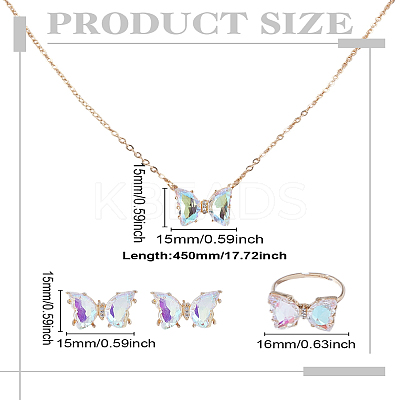 Butterfly Alloy Glass Pendant Necklaces & Stud Earrings & Rings Sets for Women SJEW-LP0001-25A-1
