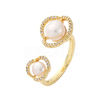 Brass with Natural Pearl Adjustable Cuff Rings RJEW-Q023-03G-1