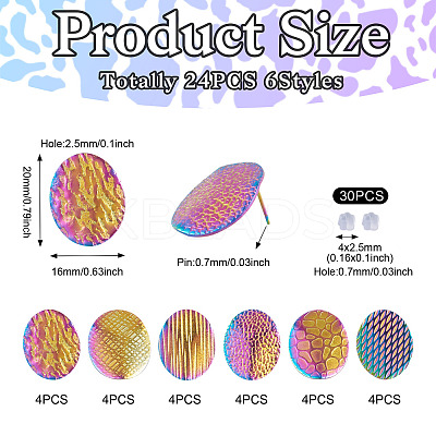 24Pcs 6 Styles 304 Stainless Steel Textured Oval Stud Earrings Findings STAS-TA0002-32MC-1