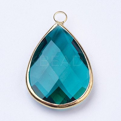 Golden Tone Brass Glass Teardrop Pendants X-GLAA-M006-A-03G-1