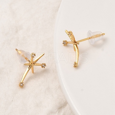 Brass Micro Pave Clear Cubic Zirconia Star Stud Earrings EJEW-C158-02G-1