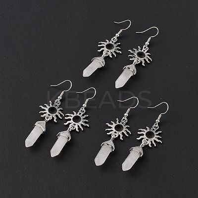 Natural Quartz Crystal Bullet with Sun Dangle Earrings EJEW-I276-01P-20-1