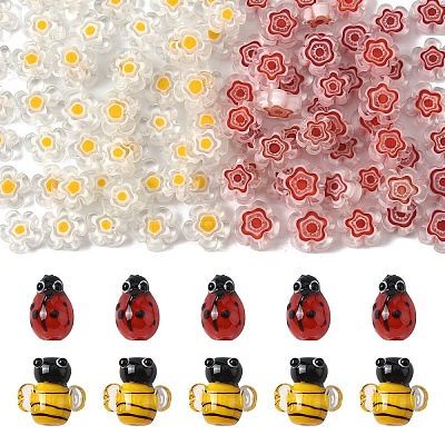 5Pcs Handmade 3D Bees Lampwork Beads & 50Pcs Flower Millefiori Glass Beads Sets LAMP-YW0001-63-1