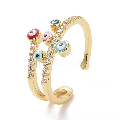 Enamel Evil Eye Open Cuff Ring with Clear Cubic Zirconia X-RJEW-P032-43G-1