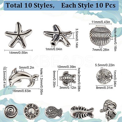 100Pcs 10 Style Ocean Theme Tibetan Style Alloy Beads FIND-SC0008-58-1