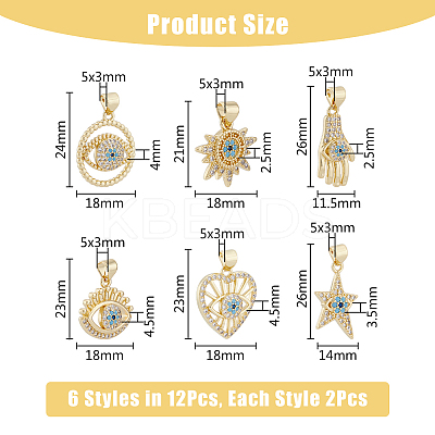 12Pcs 6 Styles Brass Micro Pave Cubic Zirconia Pendants ZIRC-DC0001-28-1