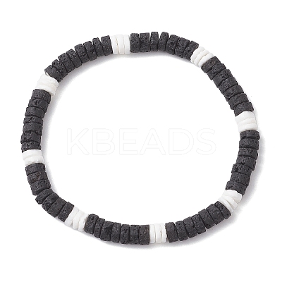 Natural Lava Rock & White Shell Flat Round Beads Stretch Bracelets for Men BJEW-JB12462-01-1