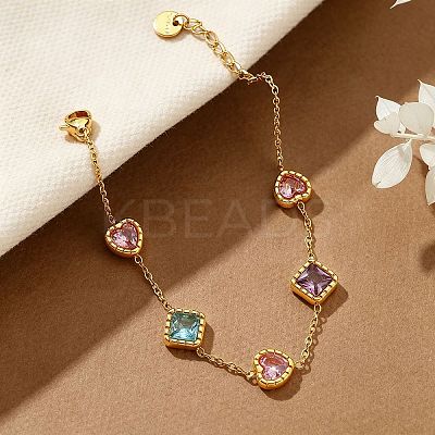 304 Stainless Steel Pave Colorful Cubic Zirconia Rhombus Heart Link Bracelets for Women WG7C819-01-1