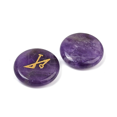 4Pcs 4 Styles Natural Amethyst Flat Round with Angels Symbol Display Decorations G-R007-01E-1