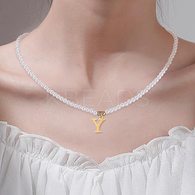 Imitation Pearl with Stainless Steel Pendants Necklaces NJEW-LP0001-51Y-G-1