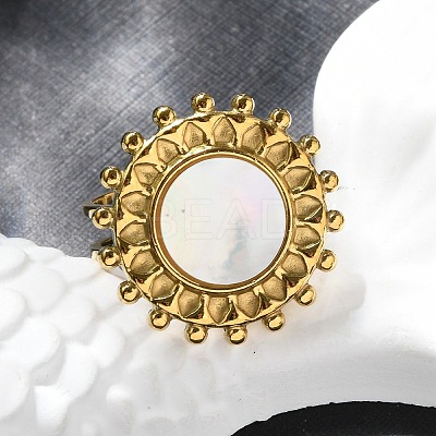 Flat Round 304 Stainless Steel White Shell Finger Rings for Women RJEW-G346-08G-02-1