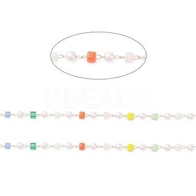 Faceted Cube Glass & ABS Plastic Imitation Pearl Beaded Chains CHS-G026-02KCG-03-1-1