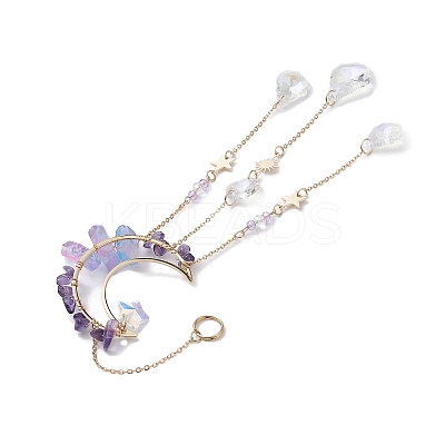Moon Natural Amethyst & Electroplated Natural Quartz Crystal Pendants Decorations HJEW-JM01265-1