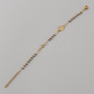 304 Stainless Steel Jesus & Cross Link Bracelet with 201 Stainless Steel Beaded Chains BJEW-WH0012-20C-1