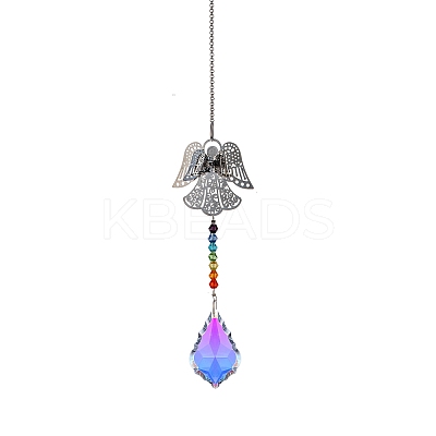 Glass Leaf Sun Catcher Hanging Prism Ornaments with Iron Angel HJEW-PW0002-14B-1