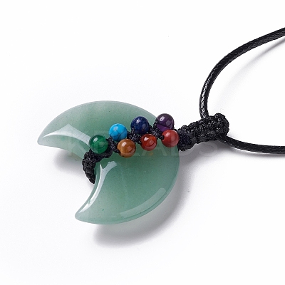 Adjustable Natural Green Aventurine Double Horn Pendant Necklace with Wax Cord for Women NJEW-B086-01G-1