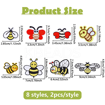 16Pcs 8 Styles Bees Iron on Cloth Patches PATC-DC0001-12-1