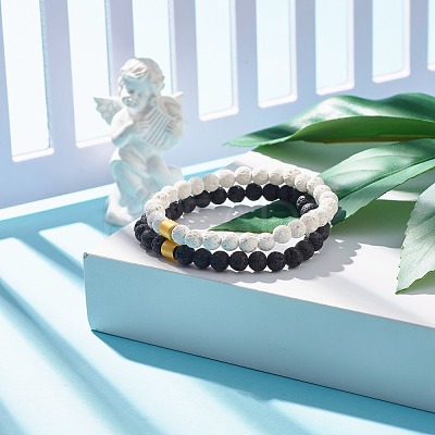 2Pcs 2 Style Natural Lava Rock(Dyed) Round Beaded Stretch Bracelets Set with Column Synthetic Hematite BJEW-JB07578-1