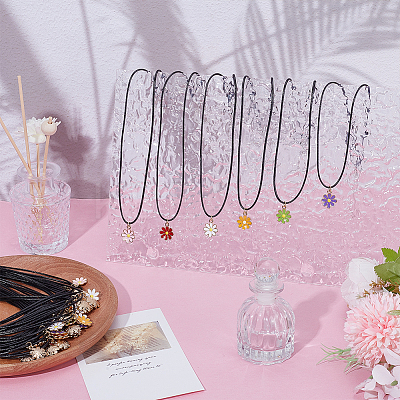 48Pcs 6 Colors Alloy Enamel Flower Pendant Waxed Cord Necklaces NJEW-GO00002-1