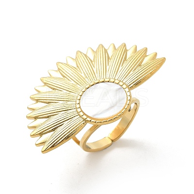 Flower 304 Stainless Steel White Shell Finger Rings for Women RJEW-G346-11G-02-1