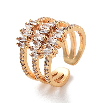 Brass with Cubic Zirconia Open Cuff Rings RJEW-B053-07-1
