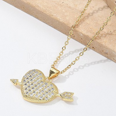 Brass Micro Pave Clear Cubic Zirconia Arrow Heart Pendant Necklaces for Women NJEW-M088-01G-03-1