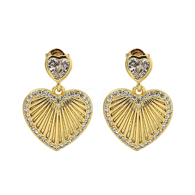 Heart Brass Pave Clear Cubic Zirconia Stud Earrings EJEW-N054-41G-1
