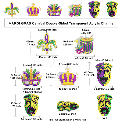 12Pcs 6 Style MARDI GRAS Carnival Double-Sided Transparent Acrylic Pendant SACR-CJ0001-67-1