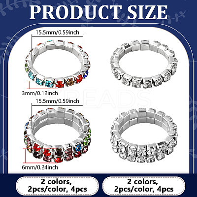8Pcs 4 Styles Rhinestone Tennis Chains Stretch Ring for Women RJEW-HY0001-07A-1