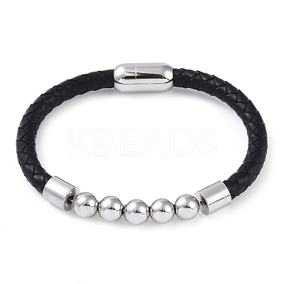 304 Stainless Steel Round Beads Leather Cord Bracelets BJEW-A009-02P-1