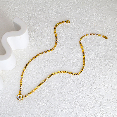 304 Stainless Steel & Natural White Shell Coin Pendant Curb Chain Necklaces for Women WG4C473-02-1