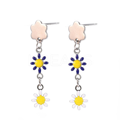 Enamel Flower Long Dangle Stud Earrings EJEW-N049-04B-1