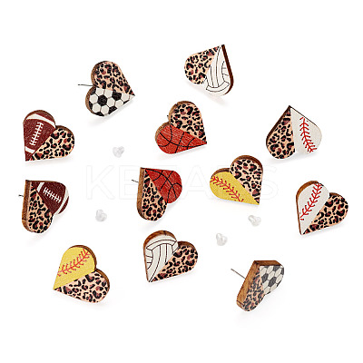 6 Pairs 6 Styles Sport Theme Wood Heart Stud Earrings EJEW-TA0001-33-1