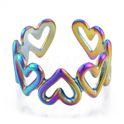 Ion Plating(IP) 304 Stainless Steel Hollow Heart Cuff Rings RJEW-N038-124M-1