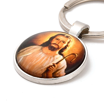 I Love Jesus Symbol Glass Pendant Keychain with Alloy Jesus Fish Charm LS-KEYC-G058-01F-1