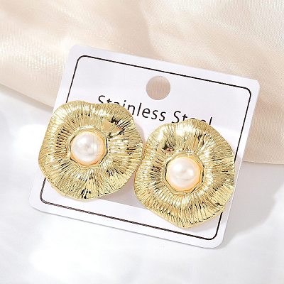 304 Stainless Steel ABS Plastic Pearl Stud Earrings STAS-D368-01C-G-1