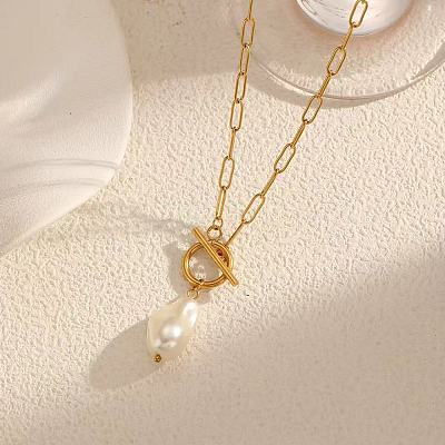 Imitation Pearl Nuggets Pendant Stainless Steel Paperclip Chain OT Necklaces for Women QA2492-1