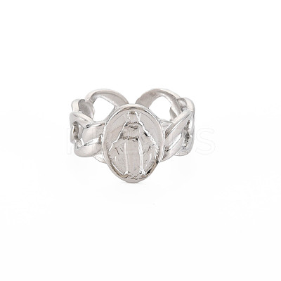 Non-Tarnish 304 Stainless Steel Flat Round with Virgin Mary Open Cuff Ring for Women RJEW-S405-176P-1