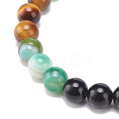 Natural Agate & Tiger Eye & Black Onyx Round Beaded Stretch Bracelet BJEW-JB08400-03-1