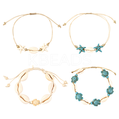 4Pcs 4 Style Natural Shell & Synthetic Turquoise Braided Bead Bracelets BJEW-SC0001-54-1