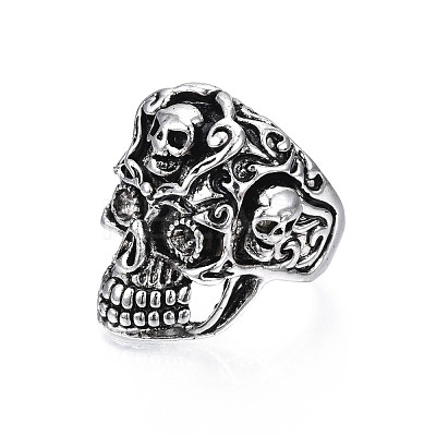Gothic Punk Skull Alloy Open Cuff Ring for Men Women RJEW-T009-61AS-1