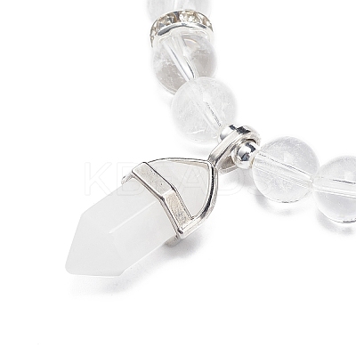 Natural Quartz Crystal Round Beaded Stretch Bracelet with Bullet Charms BJEW-JB09018-03-1