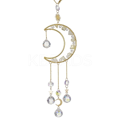 Nuggets Natural Quartz & Brass Moon Hanging Suncatchers HJEW-JM04253-02-1