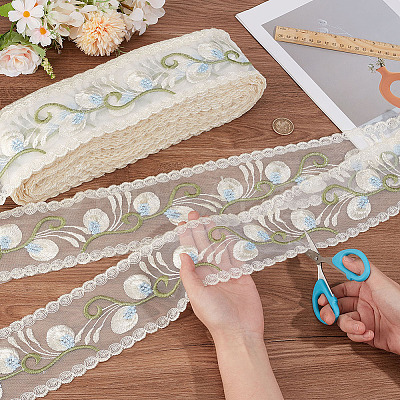 10Yards Polyester Flower Embroidery Elastic Lace Ribbon OCOR-NB0002-14B-1