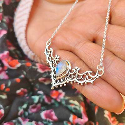 Hollow Triangle Alloy & White Synthetic Opal Pendant Necklaces for Women FS-WG91181-01-1