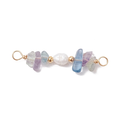 Natural Fluorite Chip & Natural Cultured Freshwater Pearl Rice Beaded Connector Charms PALLOY-JF03707-06-1