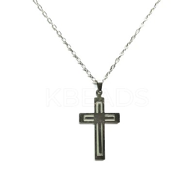 Luminous Glow in the Dark Stainless Steel Cross Pendant Necklace PW-WG31976-01-1